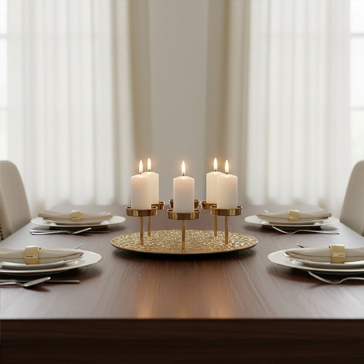 Orsina Akola Gold Round 6-Pillar Candle Holder – Large Table Centerpiece