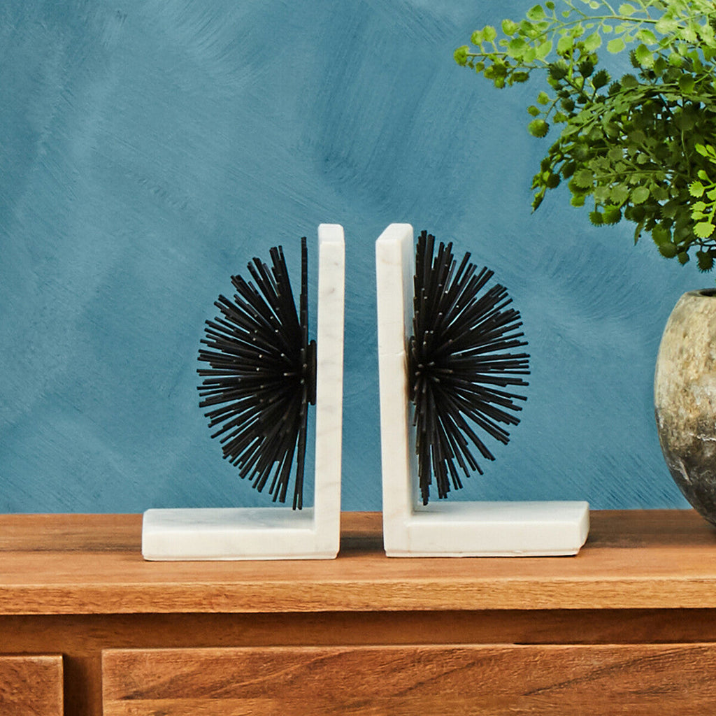 Orsina Mirano Starburst Bookends | Black Metal & White Marble Set