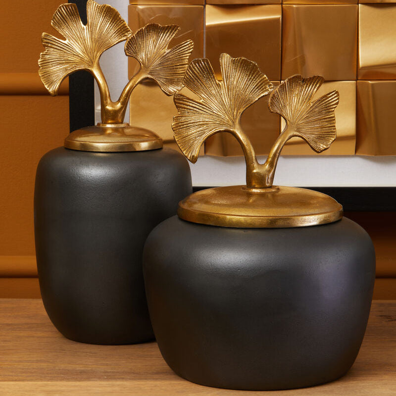 Orsina Danna Large Ginkgo Decorative Jar – Black & Metallic Gold