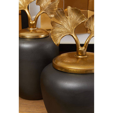 Orsina Danna Large Ginkgo Decorative Jar – Black & Metallic Gold