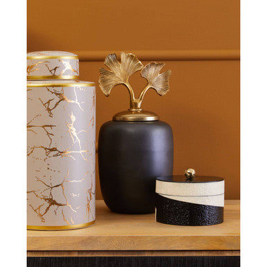 Orsina Danna Large Ginkgo Decorative Jar – Black & Metallic Gold
