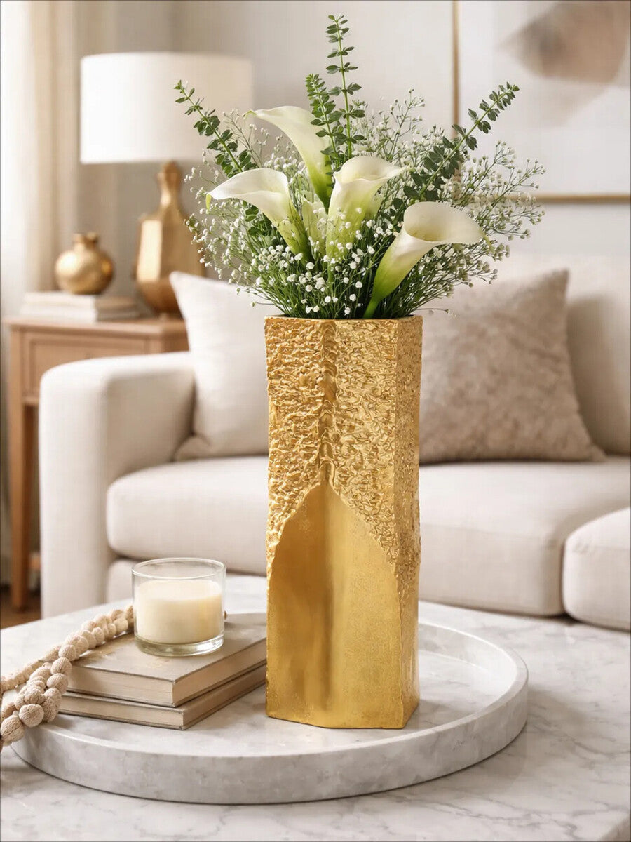 Orsina Dante Small Gold Textured Vase – Asymmetric Metallic Decor