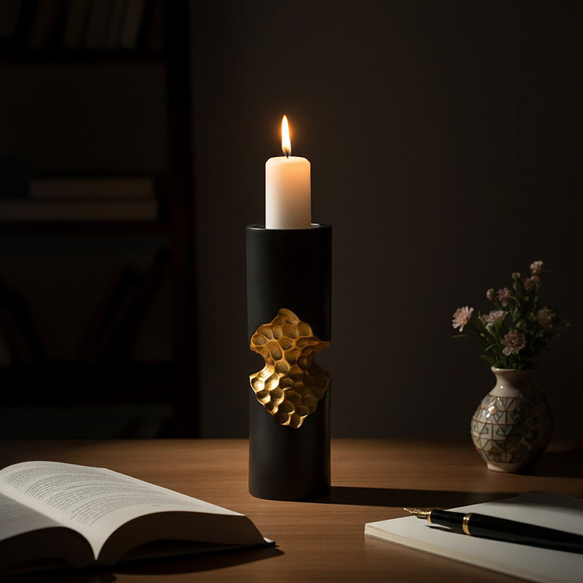 Orsina Daito Small Taper Candle Holder – Matte Black and Gold Aluminum