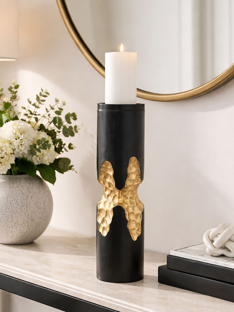 Orsina Daito Large Black and Gold Aluminium Taper Candle Holder