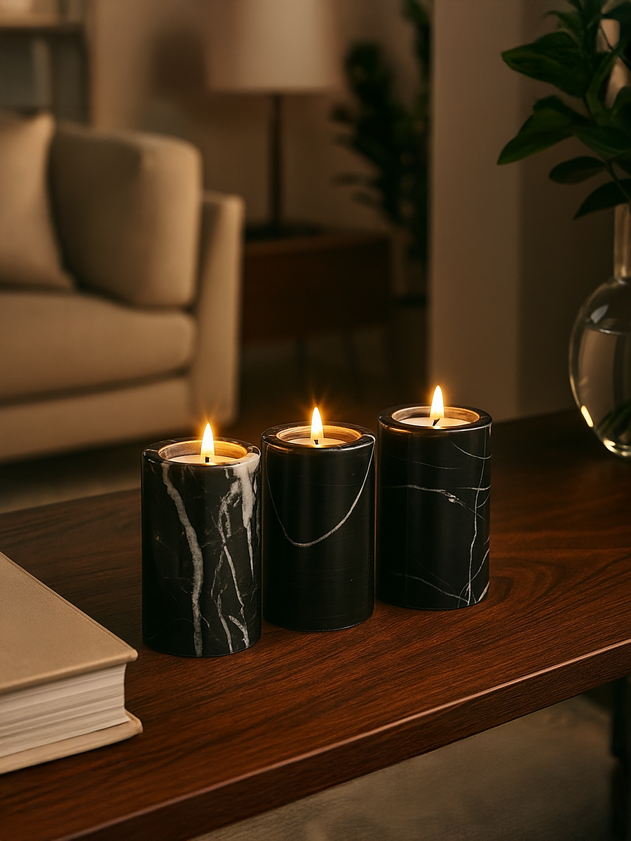 Orsina Salmo Black Marble Tealight Holders – Set of 3 Luxury Accents
