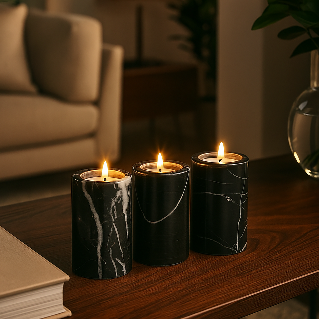 Orsina Salmo Black Marble Tealight Holders – Set of 3 Luxury Accents