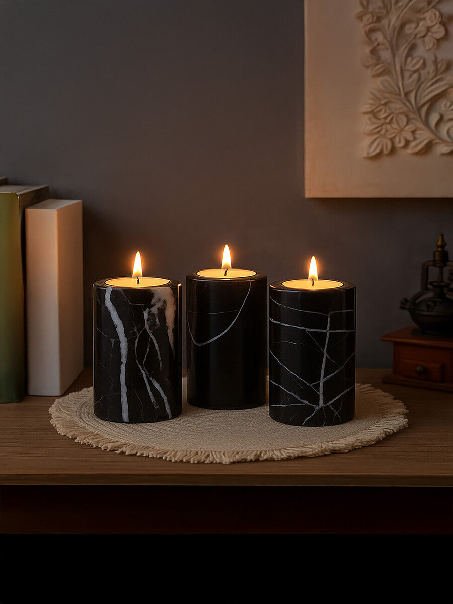Orsina Salmo Black Marble Tealight Holders – Set of 3 Luxury Accents
