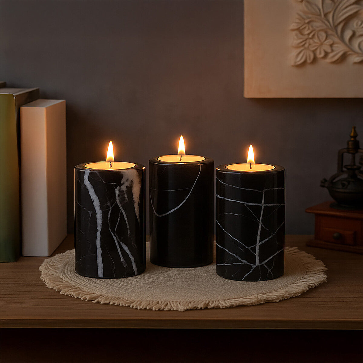 Orsina Salmo Black Marble Tealight Holders – Set of 3 Luxury Accents
