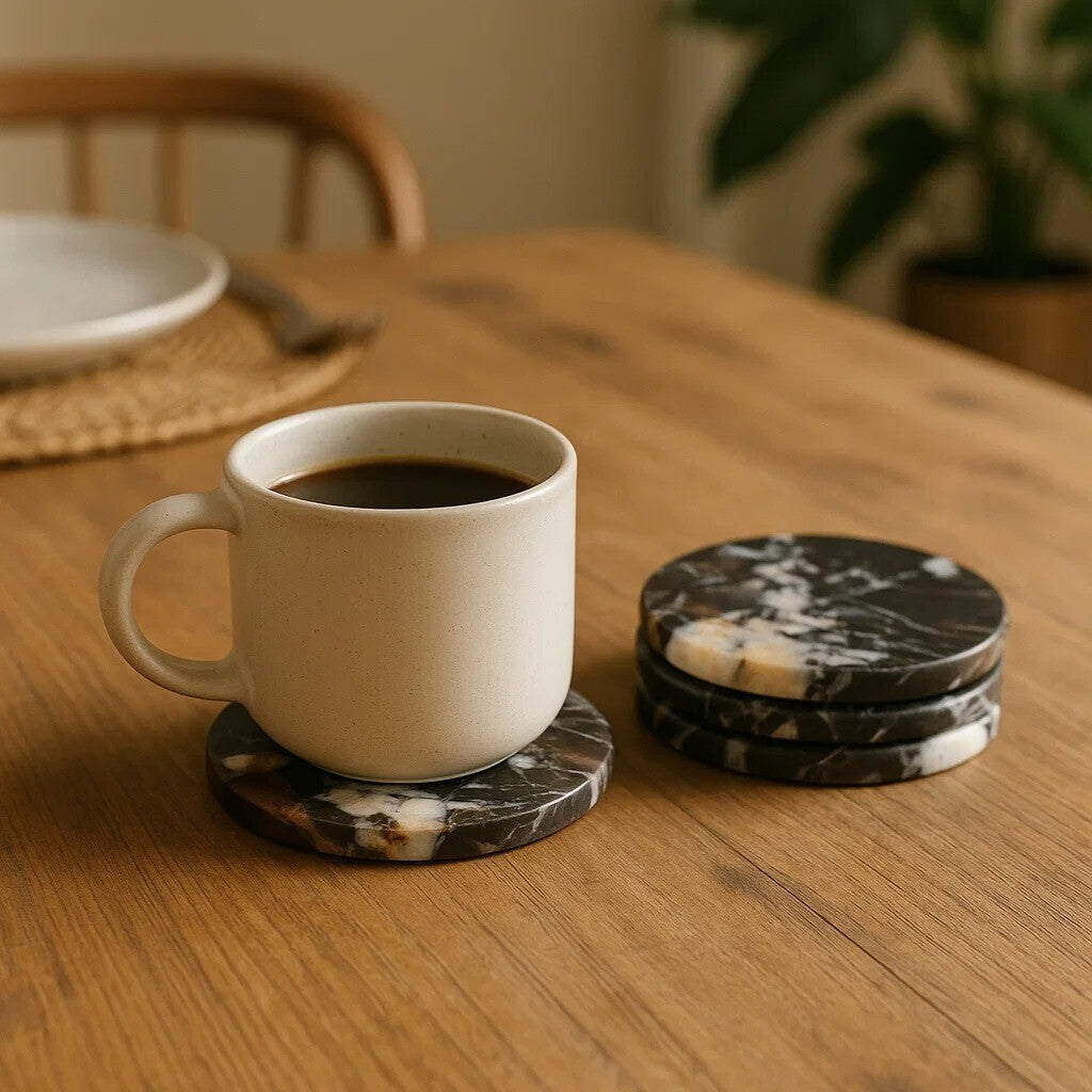 Orsina Salmo Black Marble Coasters – Set of 4 Square Stone Coasters
