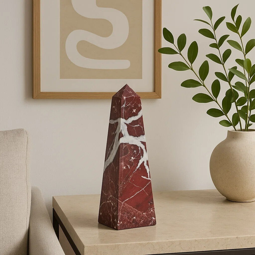 Orsina Salmo Small Red Marble Obelisk – Sculptural Home Decor Accent