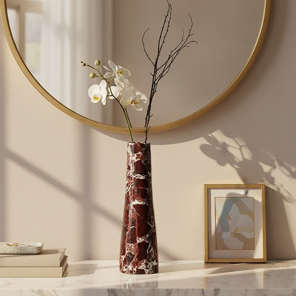 Orsina Salmo Red Marble Tapered Vase – Modern Stone Sculptural Decor