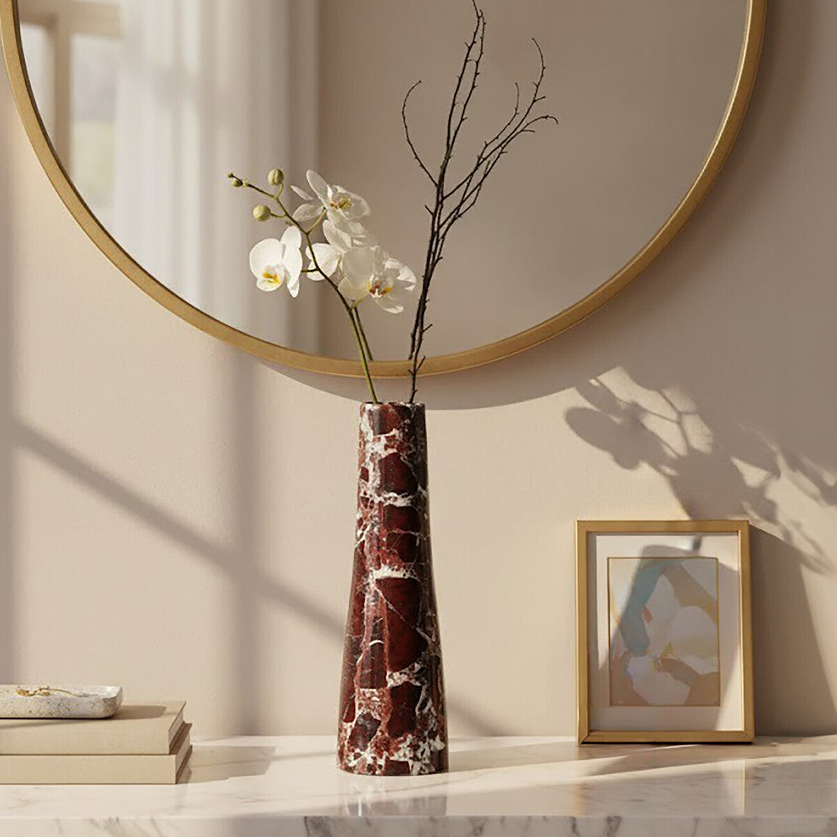 Orsina Salmo Red Marble Tapered Vase – Modern Stone Sculptural Decor