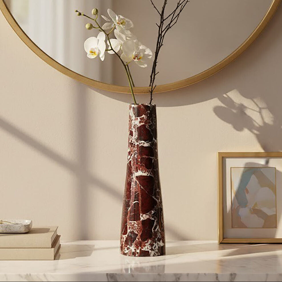 Orsina Salmo Red Marble Tapered Vase – Modern Stone Sculptural Decor