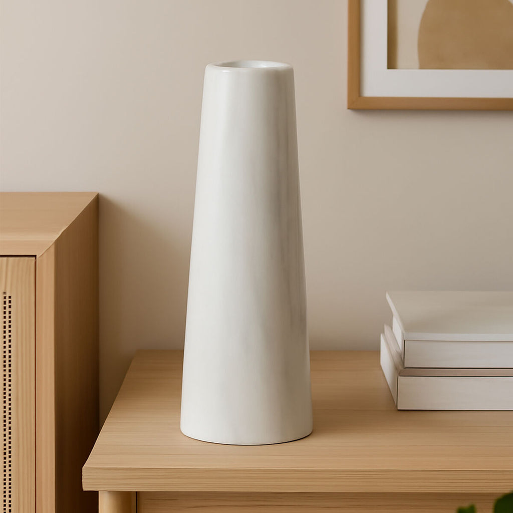 Orsina Salmo White Marble Tapered Vase – Modern Stone Floral Centerpiece