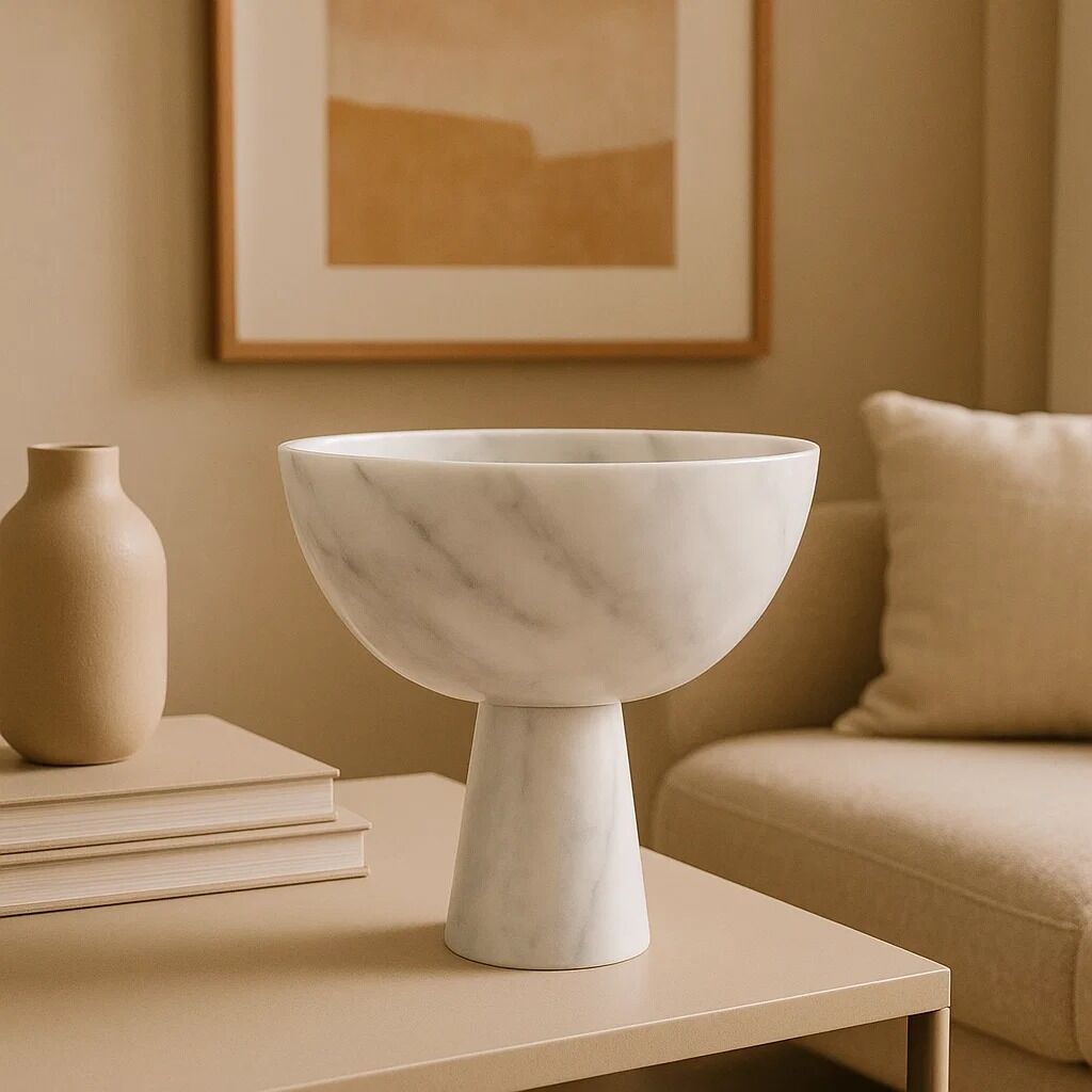 Orsina Salmo Large White Marble Pedestal Bowl | Sculptural Centerpiece