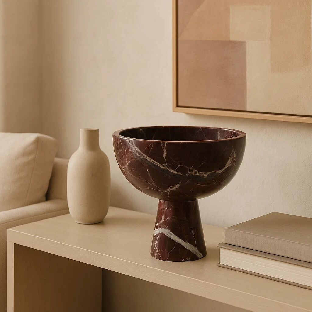 Orsina Salmo Large Red Marble Pedestal Bowl – Footed Centerpiece