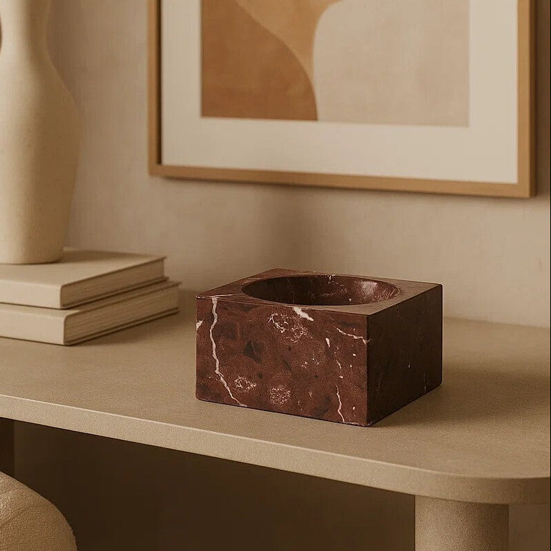 Orsina Salmo Square Red Marble Bowl – Modern Stone Centerpiece