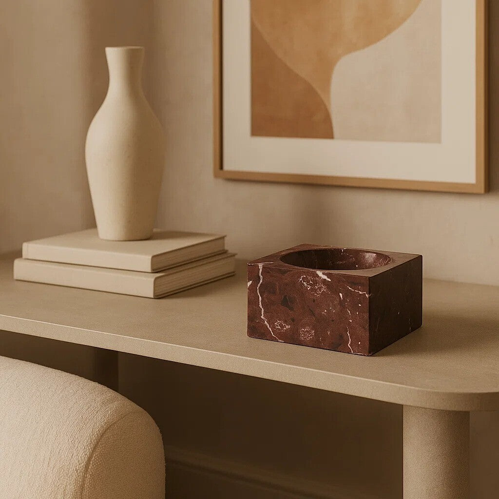 Orsina Salmo Square Red Marble Bowl – Modern Stone Centerpiece