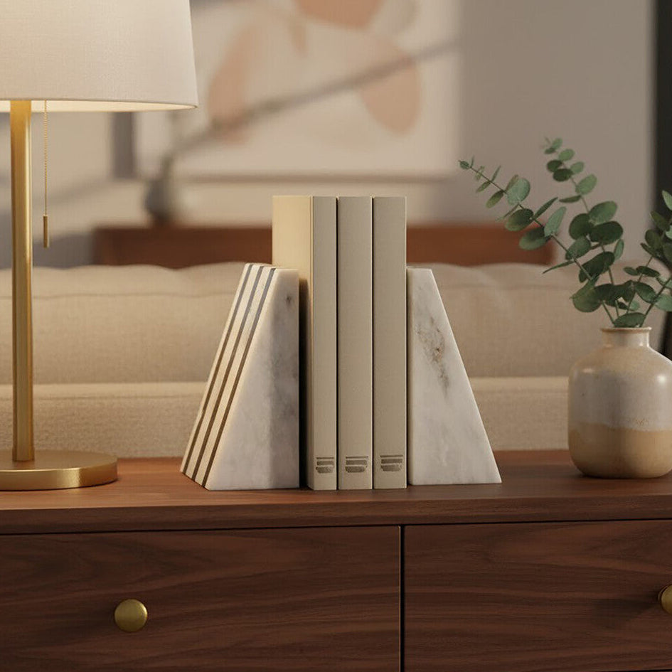 Orsina Soma Striped White Marble Bookends – Set of 2 Modern Stone Decor