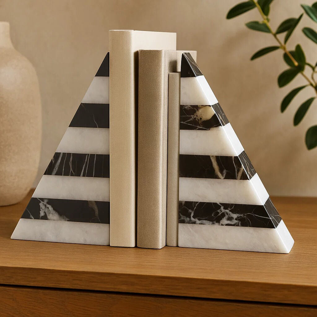 Orsina Soma Striped Marble Bookends | Black and White Stone Set of 2