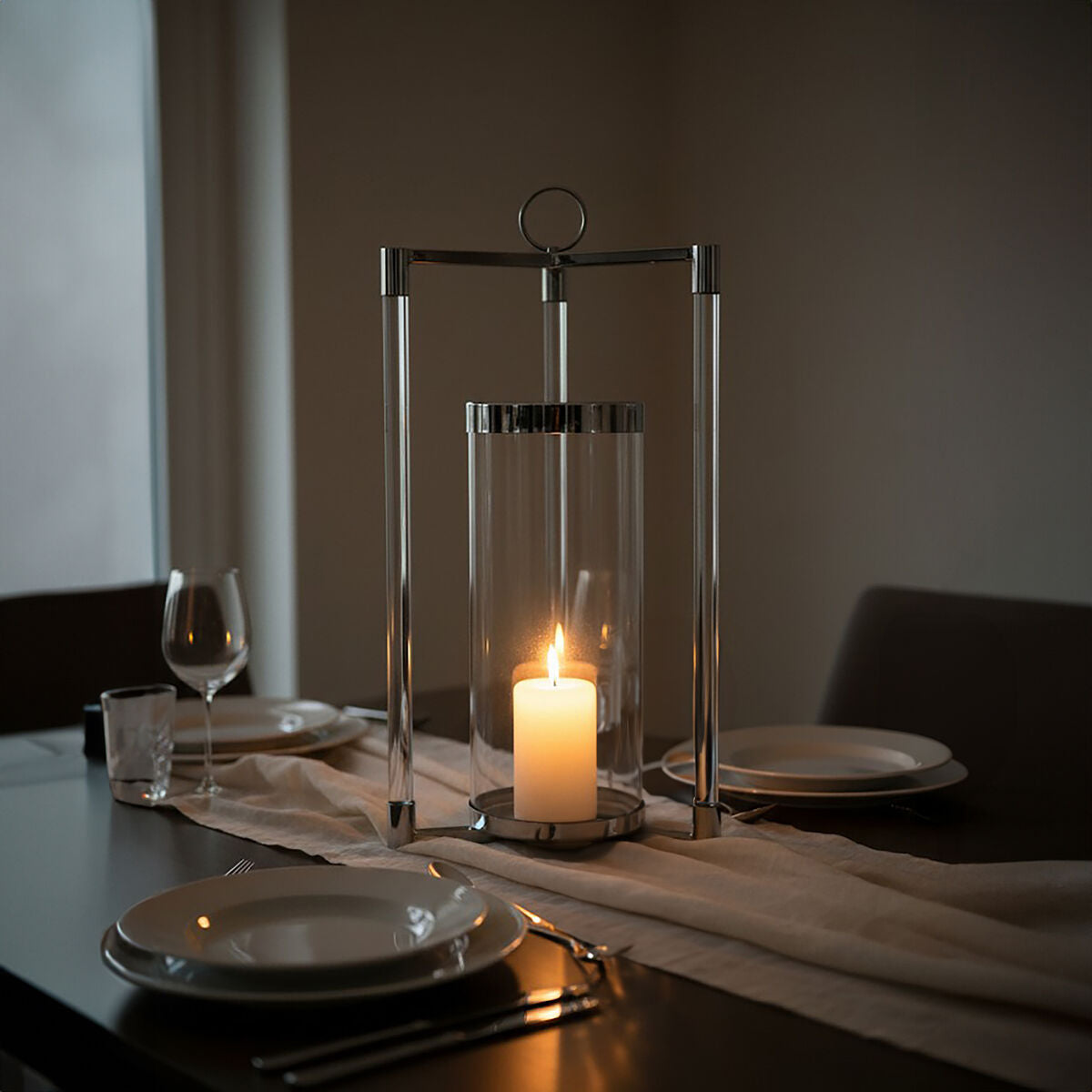 Orsina Franklin Large Silver Stainless Steel Lantern with Glass Chimney