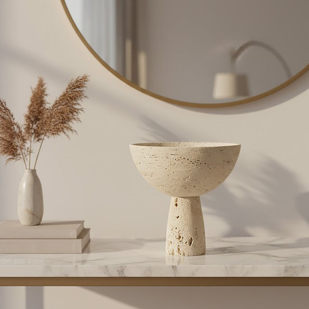 Orsina Tibor Travertine Pedestal Bowl – Natural Stone Table Centerpiece