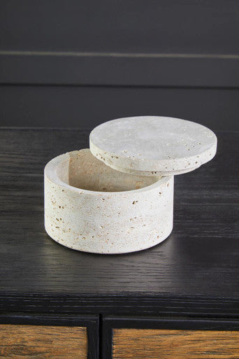 Orsina Tibor Travertine Round Trinket Box – Natural Stone Jewelry Case