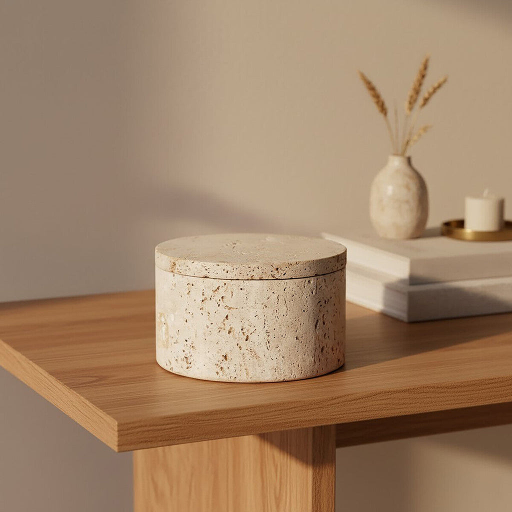 Orsina Tibor Travertine Round Trinket Box – Natural Stone Jewelry Case