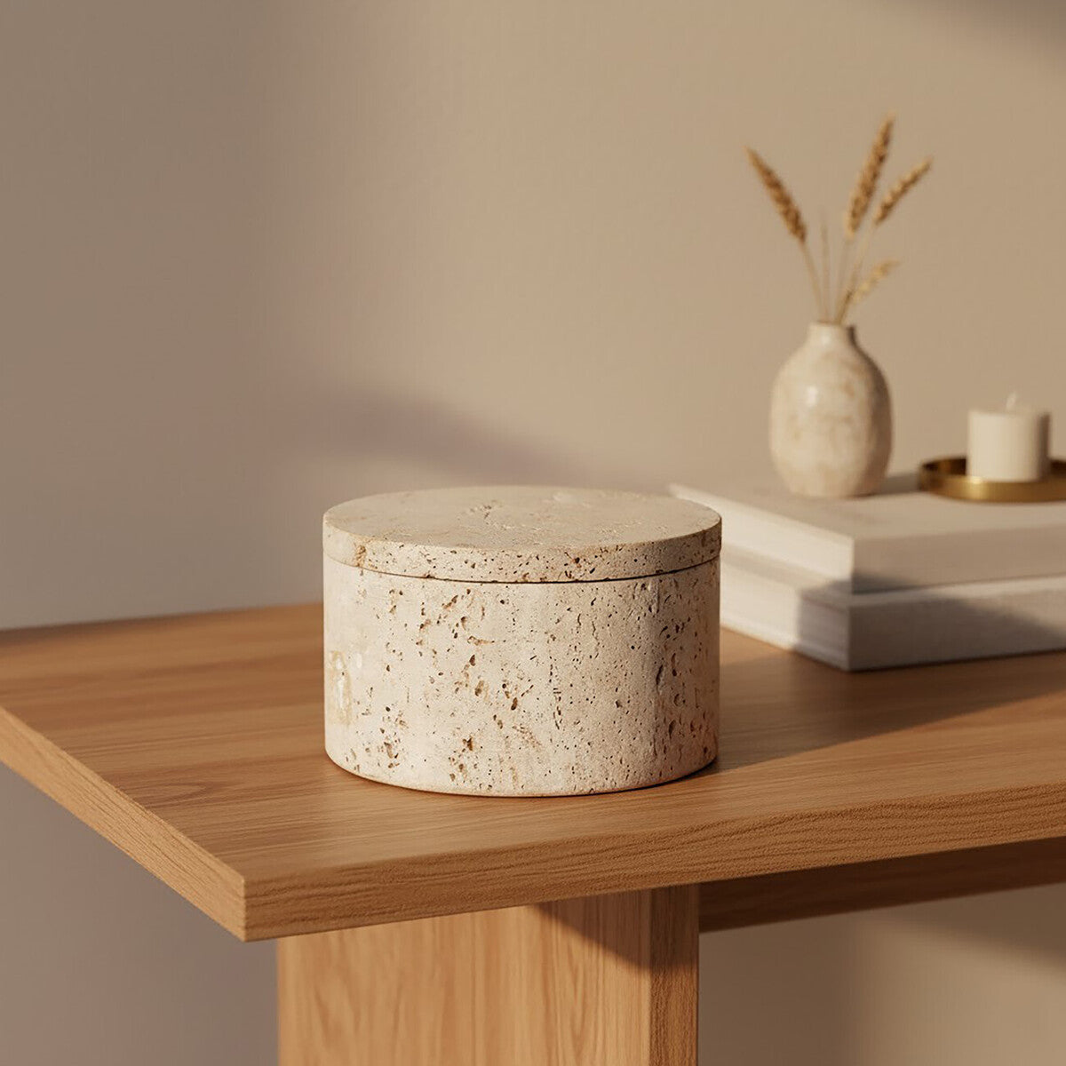 Orsina Tibor Travertine Round Trinket Box – Natural Stone Jewelry Case