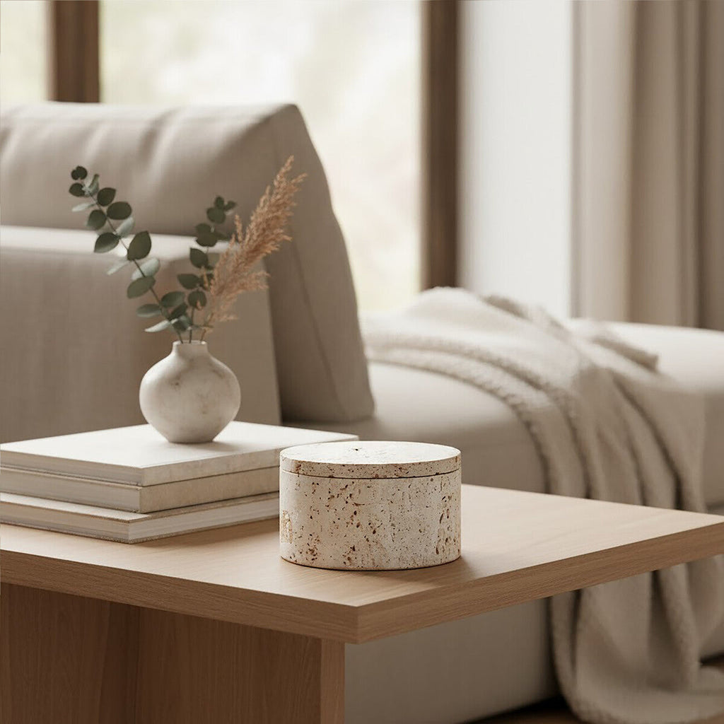 Orsina Tibor Travertine Round Trinket Box – Natural Stone Jewelry Case