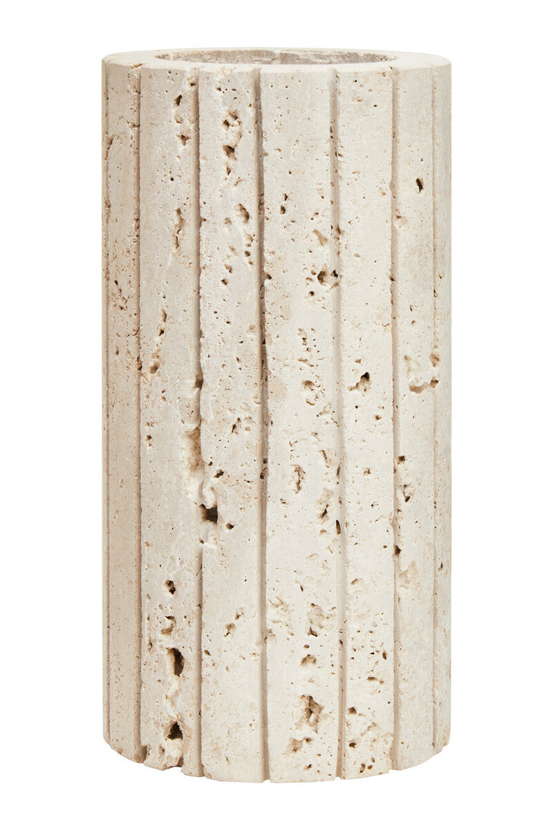 Orsina Tibor Travertine Ribbed Vase – Sculptural Stone Centerpiece