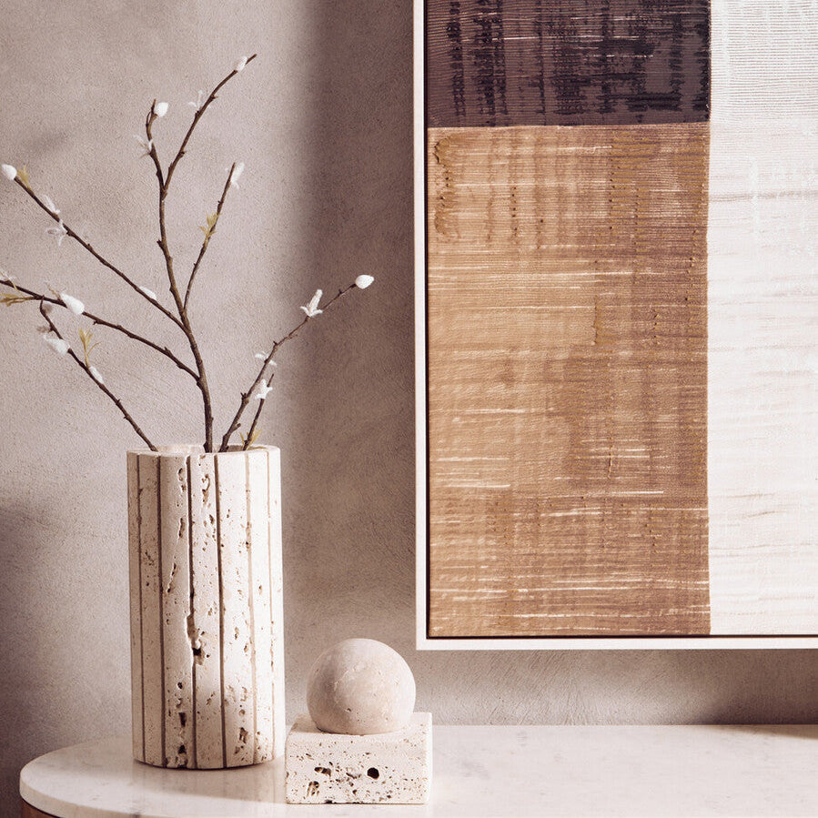Orsina Tibor Travertine Ribbed Vase – Sculptural Stone Centerpiece