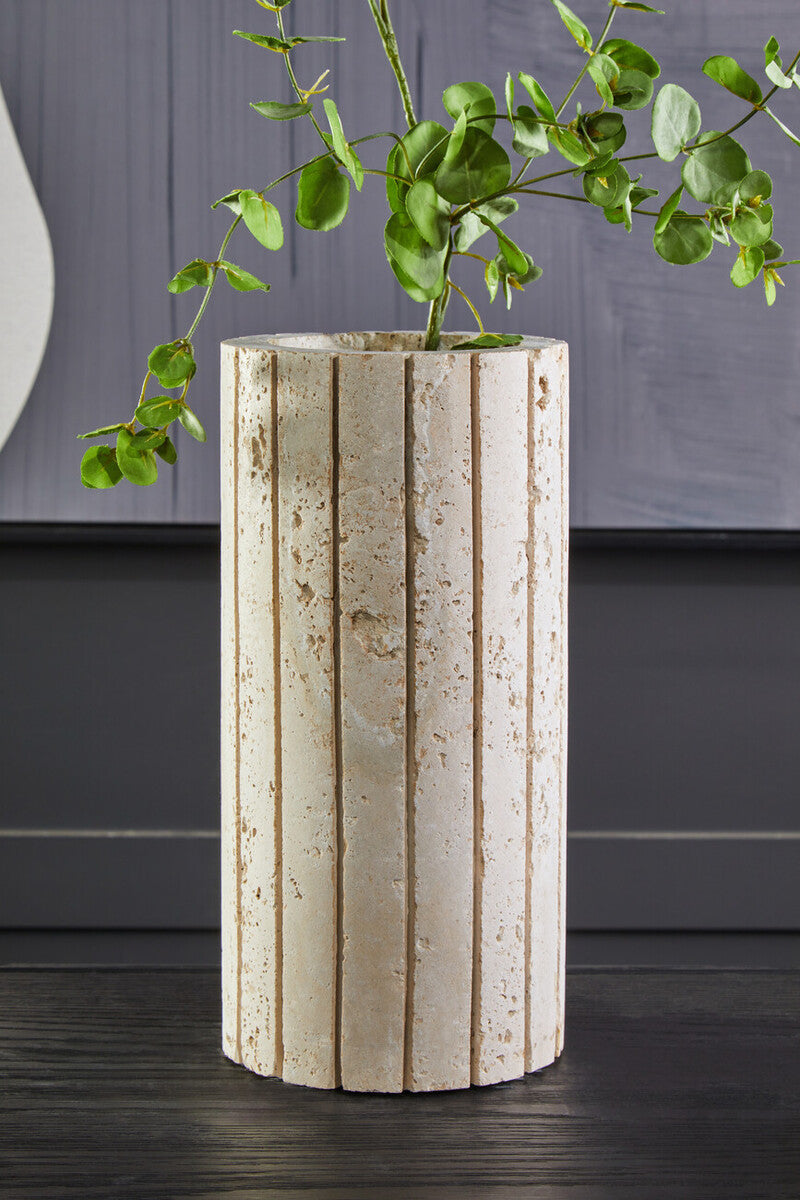 Orsina Tibor Travertine Ribbed Vase – Sculptural Stone Centerpiece