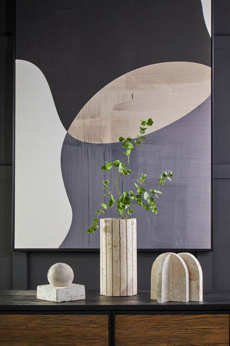 Orsina Tibor Travertine Ribbed Vase – Sculptural Stone Centerpiece