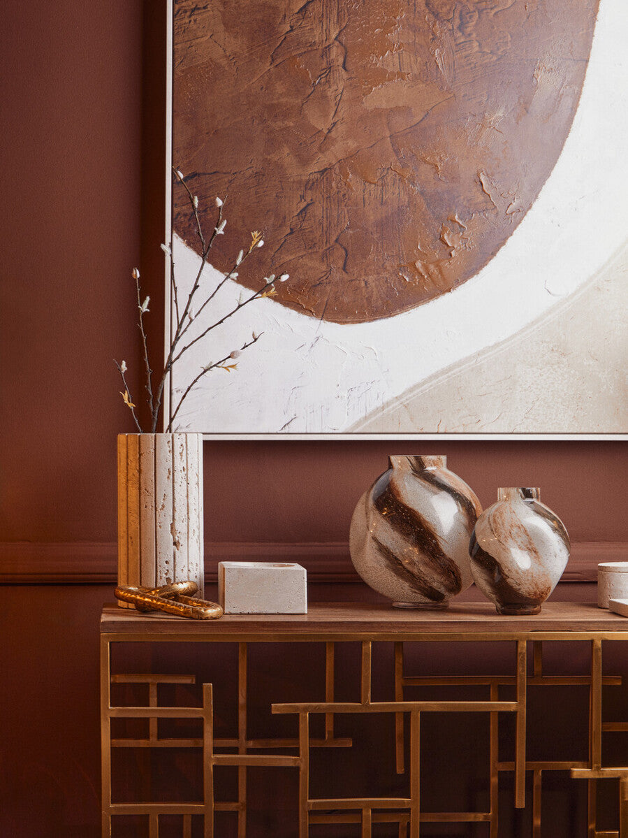 Orsina Tibor Travertine Ribbed Vase – Sculptural Stone Centerpiece
