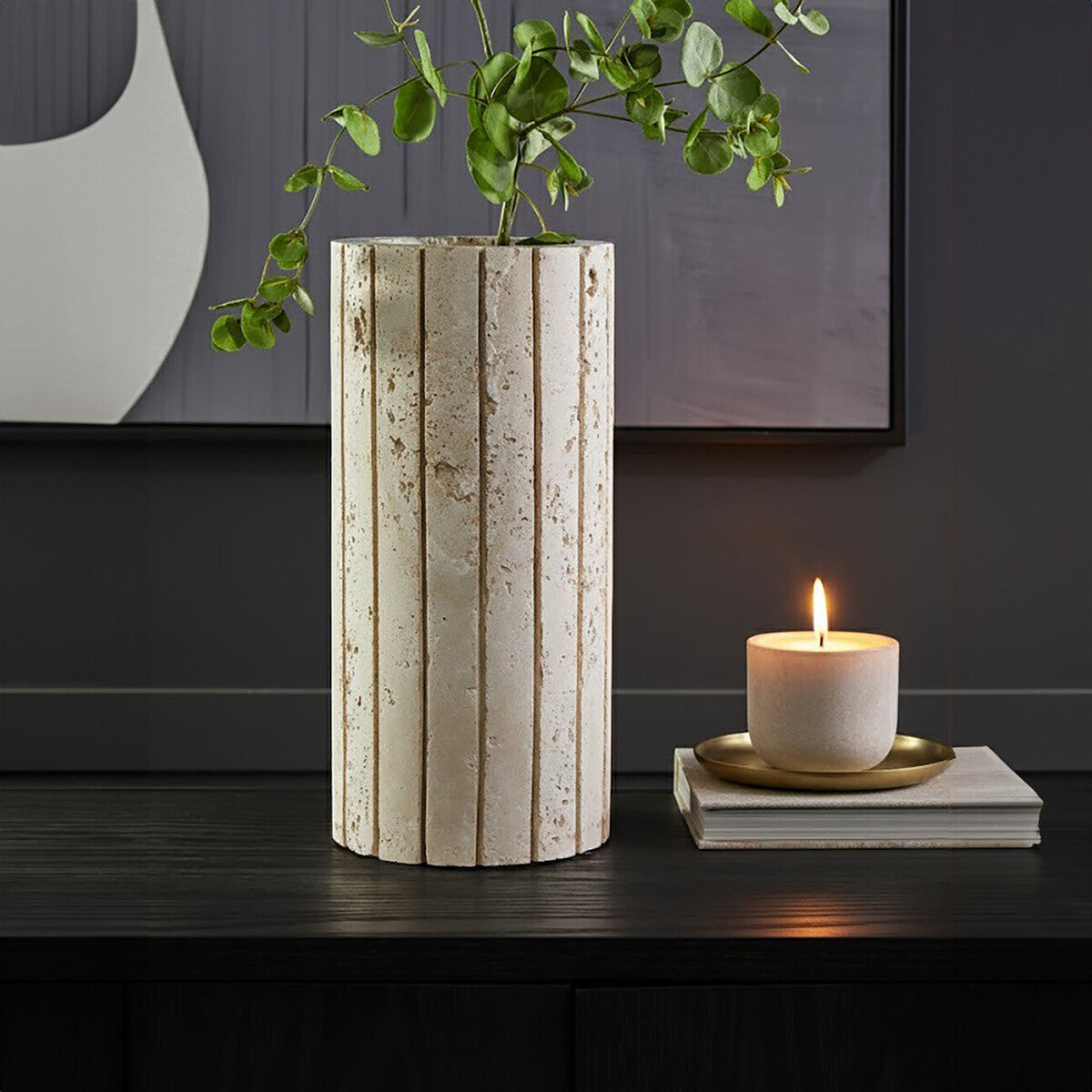Orsina Tibor Travertine Ribbed Vase – Sculptural Stone Centerpiece