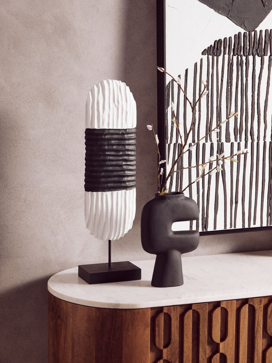 Orsina Fidel Oblong Mango Wood Sculpture – Black and White Carved Art