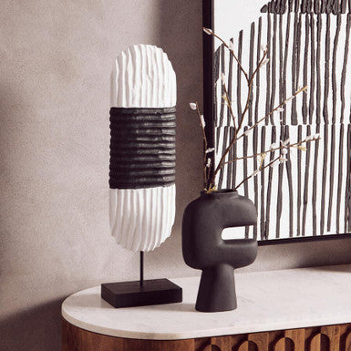 Orsina Fidel Oblong Mango Wood Sculpture – Black and White Carved Art