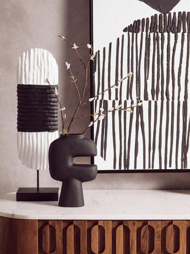 Orsina Fidel Oblong Mango Wood Sculpture – Black and White Carved Art