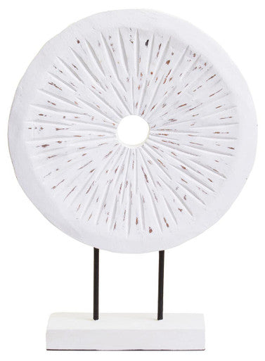 Orsina Fidel Large Round Carved Wood Sculpture – Distressed White