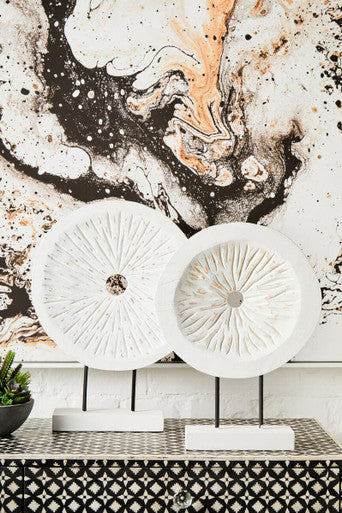 Orsina Fidel Large Round Carved Wood Sculpture – Distressed White