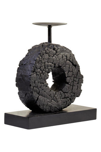Orsina Small Charred Black Mango Wood Log Candle Holder with Iron Stand