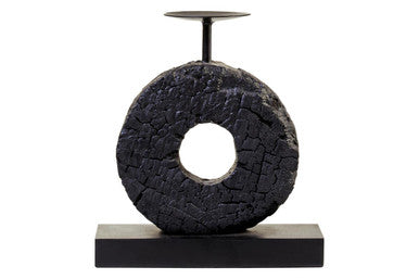 Orsina Small Charred Black Mango Wood Log Candle Holder with Iron Stand