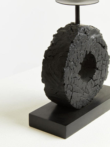 Orsina Small Charred Black Mango Wood Log Candle Holder with Iron Stand