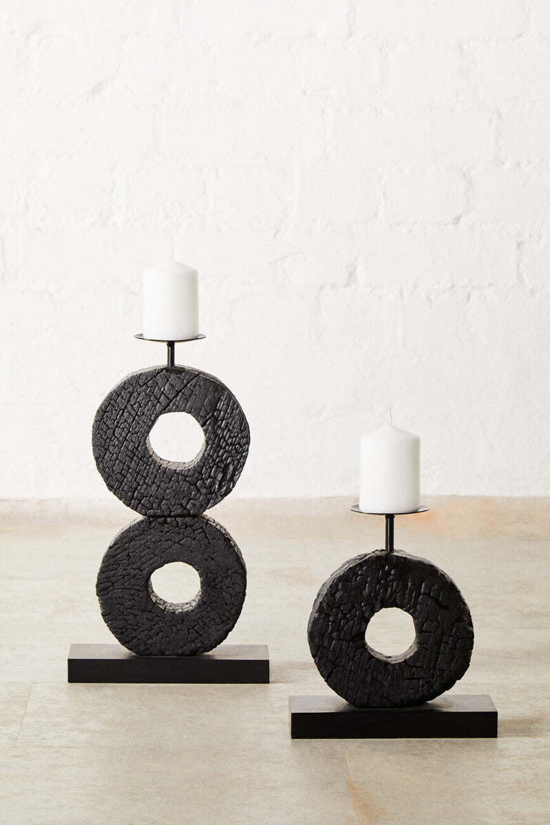 Orsina Small Charred Black Mango Wood Log Candle Holder with Iron Stand