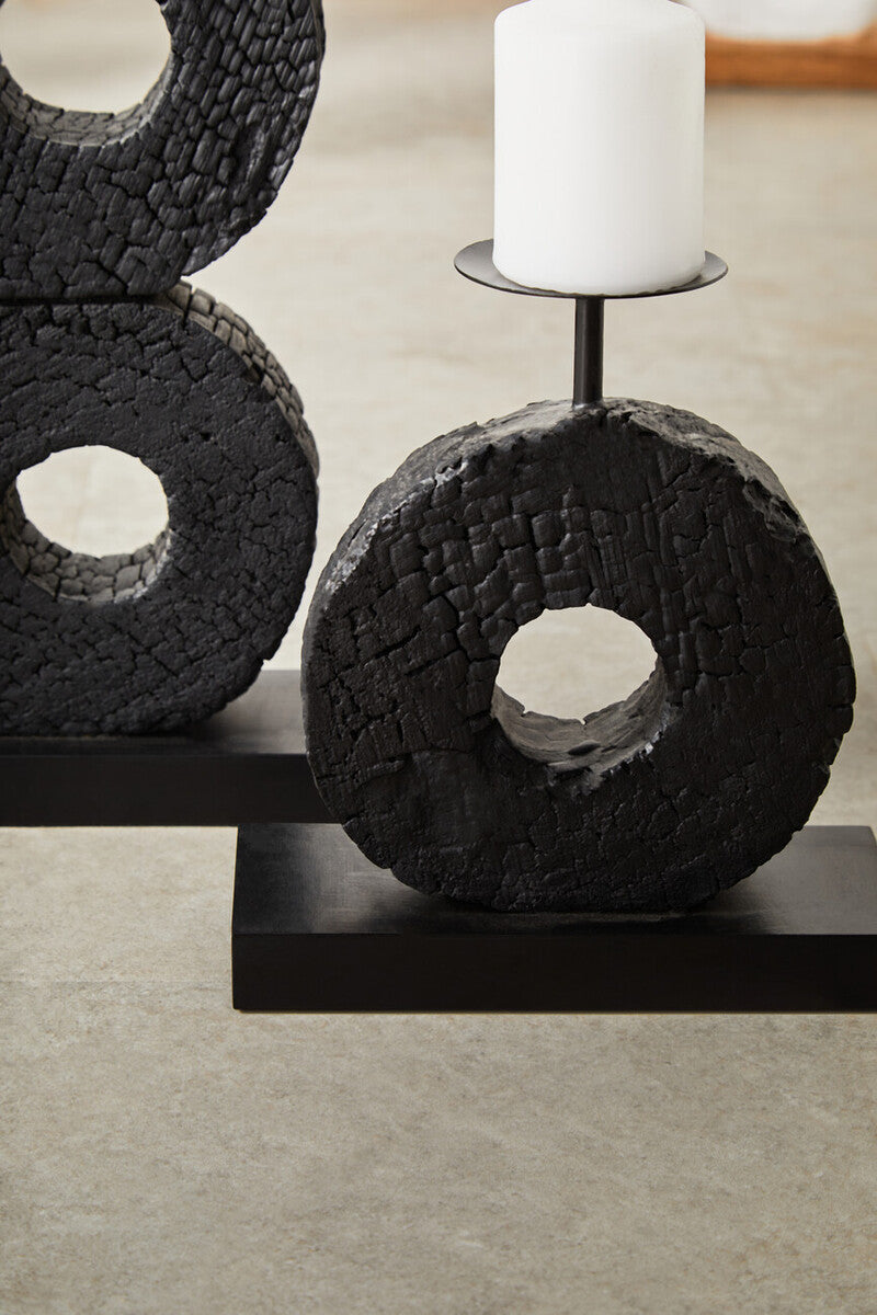 Orsina Small Charred Black Mango Wood Log Candle Holder with Iron Stand