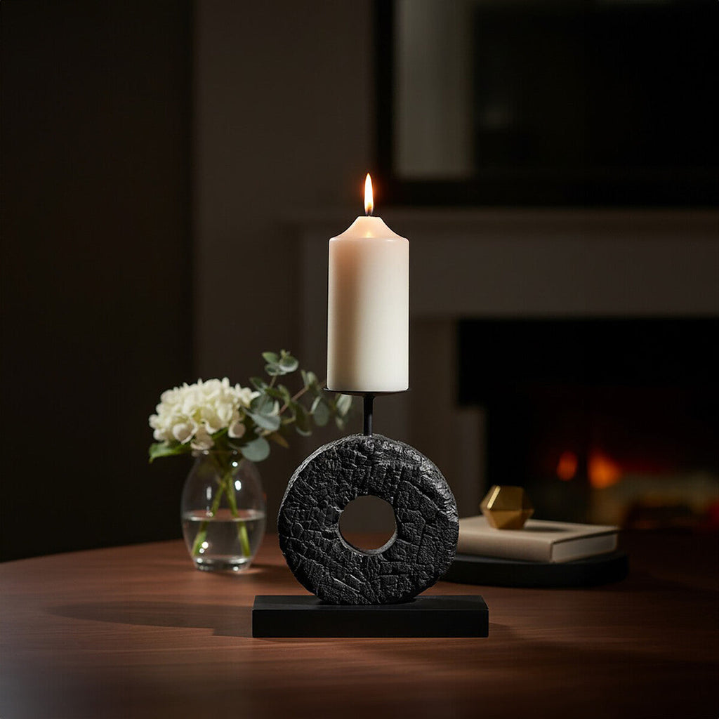 Orsina Small Charred Black Mango Wood Log Candle Holder with Iron Stand