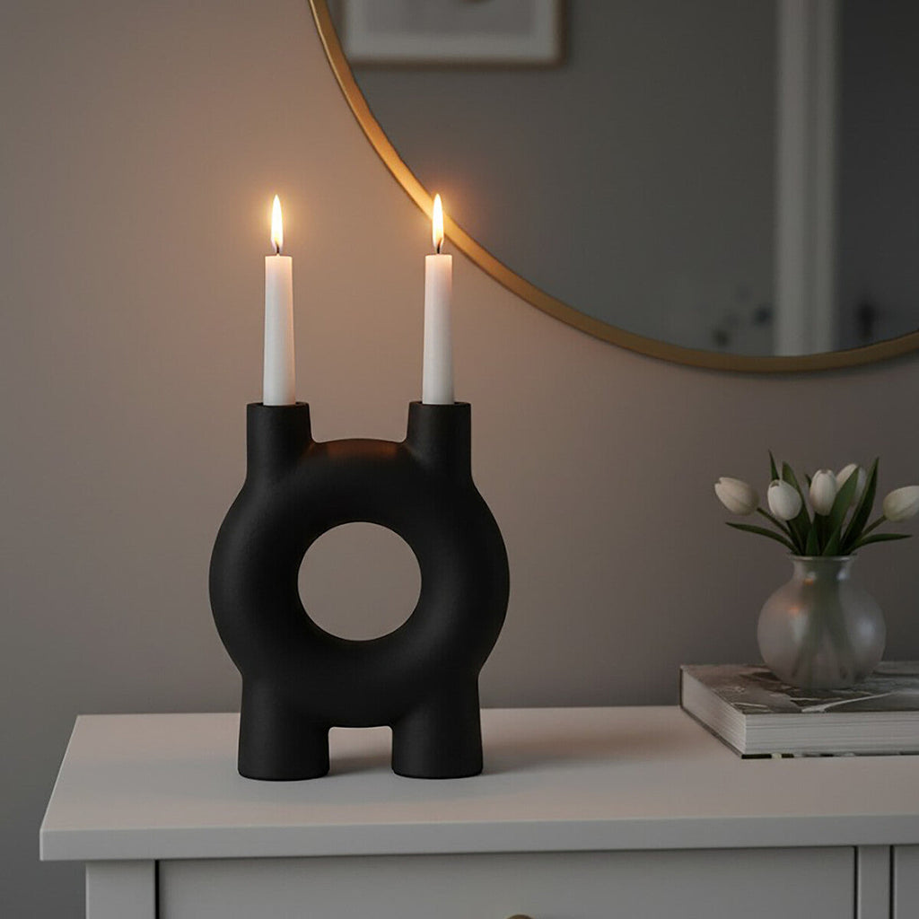 Orsina Matte Black Aluminium Taper Candle Holder – Small Geometric Stand