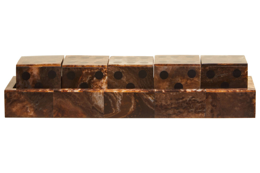 Orsina Brown and Black Resin Five Dice Set with Rectangular Tray