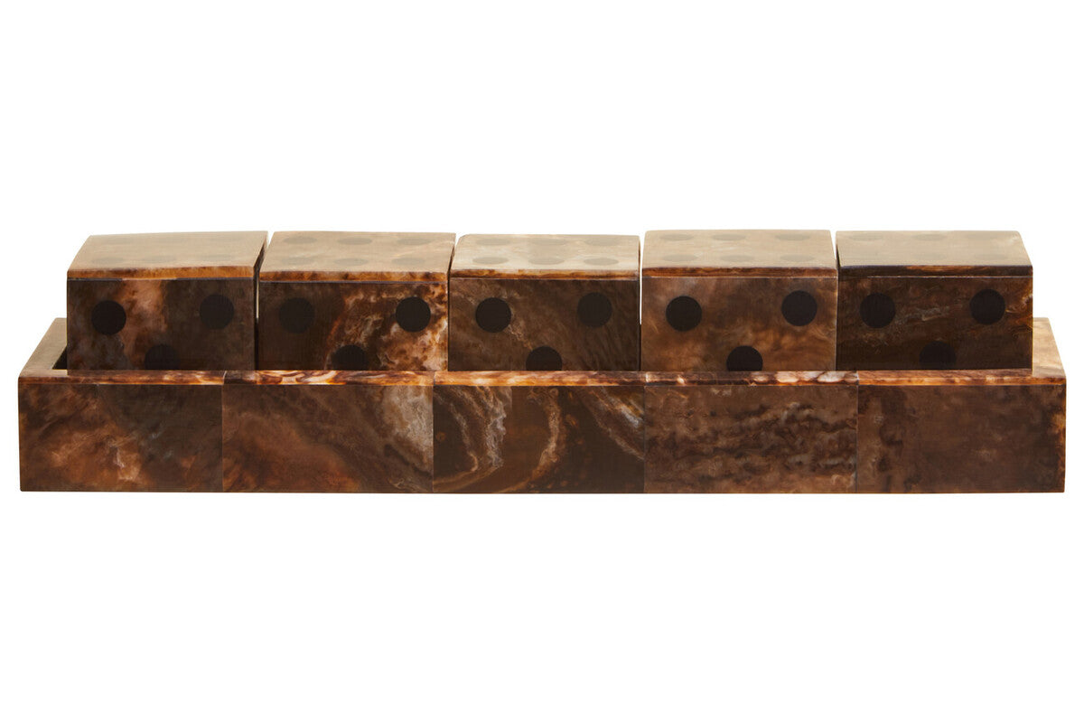 Orsina Brown and Black Resin Five Dice Set with Rectangular Tray